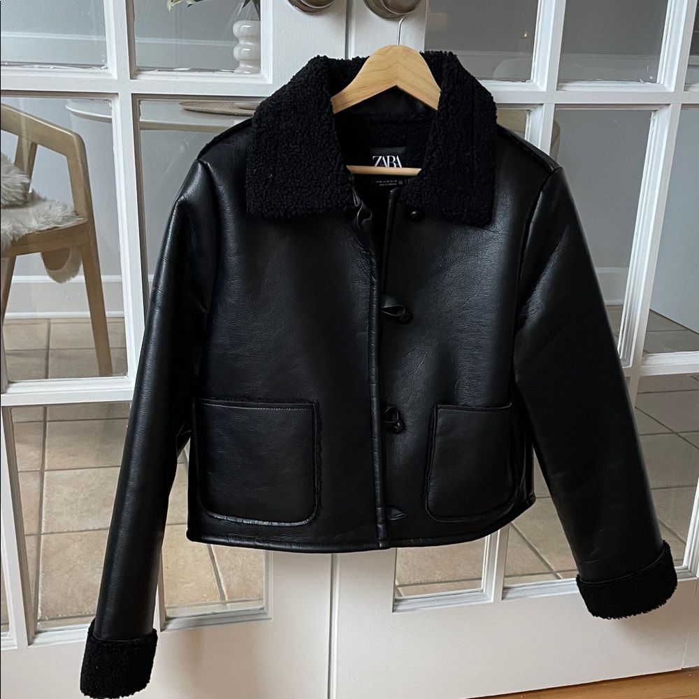 Zara Women's Black Leather Coat with Shearling Collar